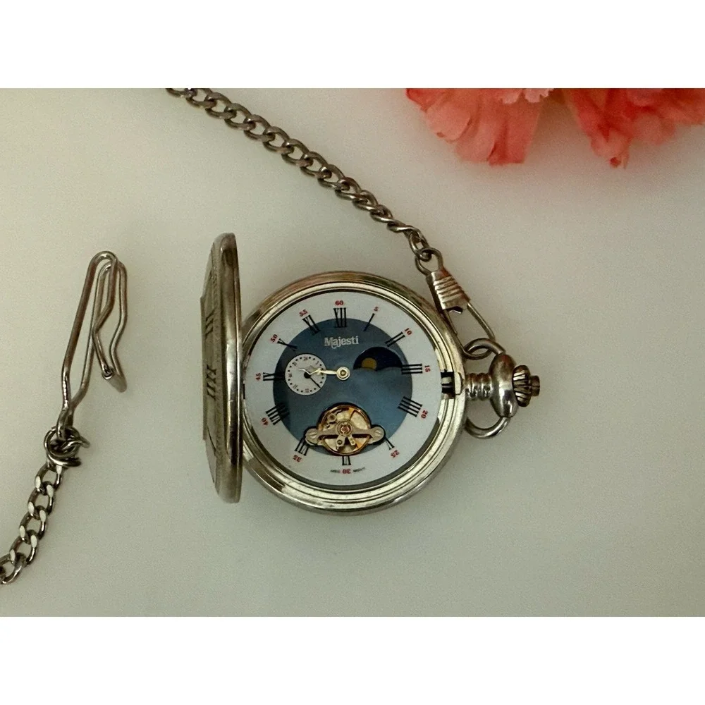 2002 Majesti Pocket‎ Watch with Inscription In Back As is Chain Silver Tone Blue